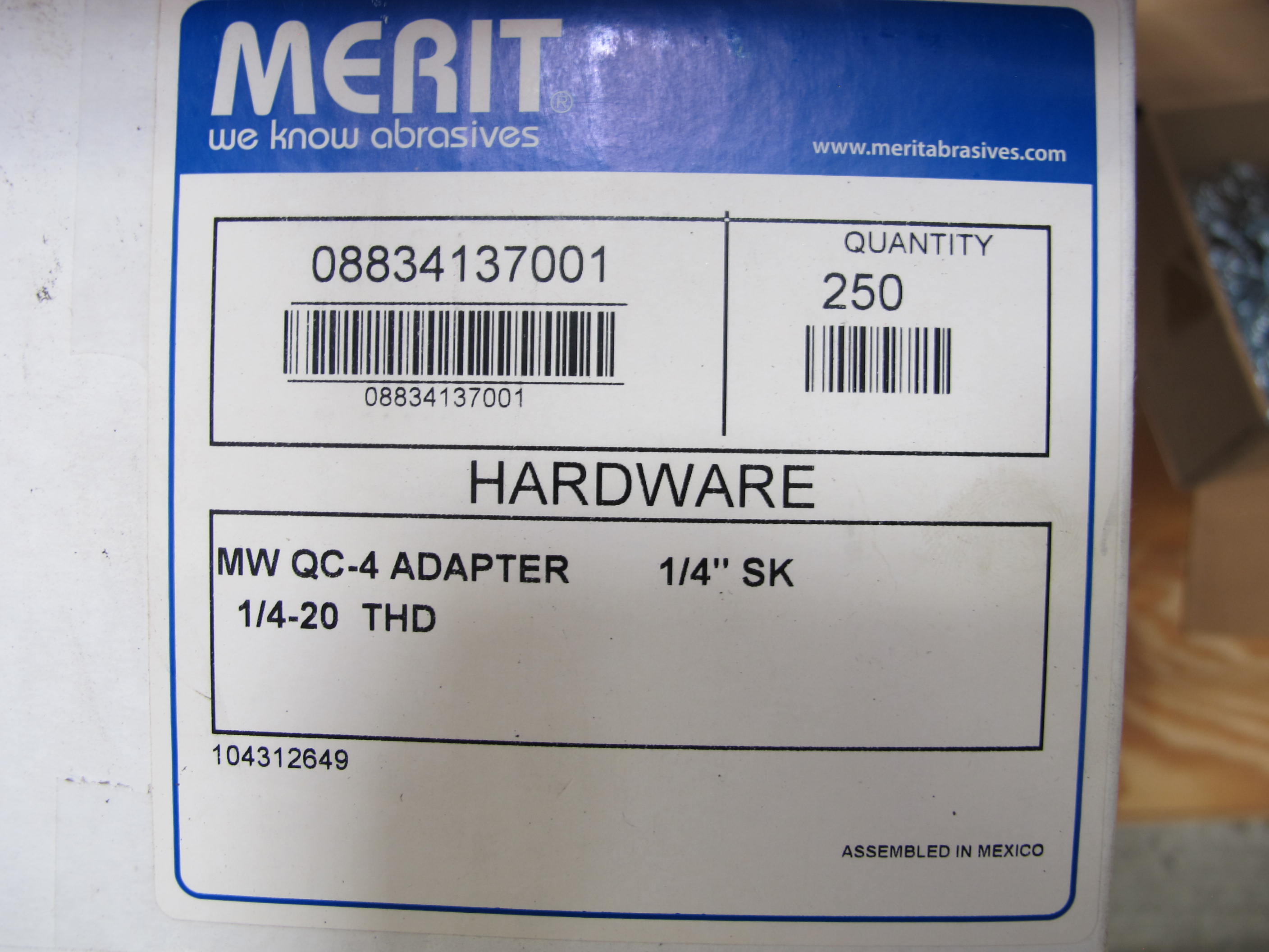 LOT TO INCLUDE: (750) MERIT MW-QC-4 ADAPTER, ARBORS, 1/4" DIA SIZE, FLAPPER WHEEL KIND, STL MATERIAL. 20 TPI, WITH 1/4" DIA SHANK, (267) MERIT CHANNEL NUTS. LOADING & HANDLING FEE $15-4209